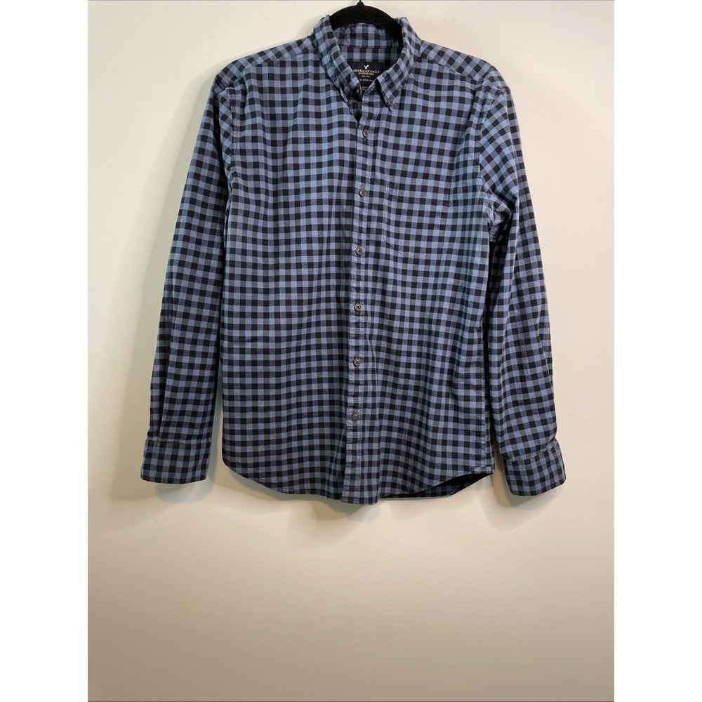 American Eagle Mens M Blue Black Plaid Classic Fit Button Up Shirt